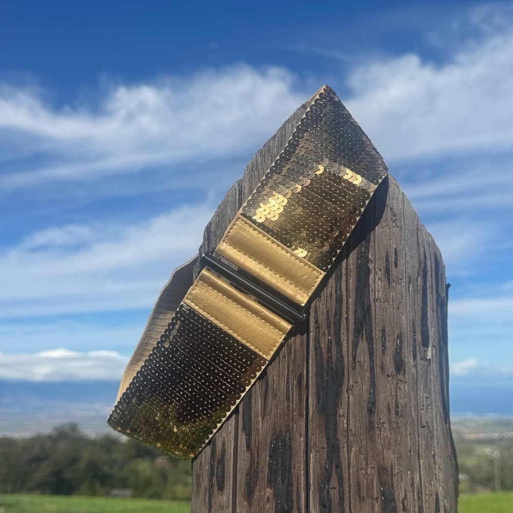 Gold Sequin Disco Elastic Stretch Wide Belt OS